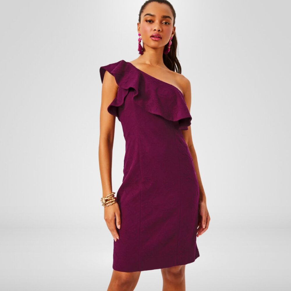 Lilly Pulitzer Purple Bordeaux One-Shoulder Dress Ruffled Cocktail Dress Size 8